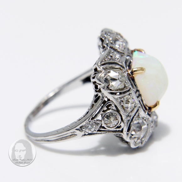 Art Deco Cocktail Ring Opal and Diamond Vintage Platinum Rare Early 20th C - Picture 6 of 16